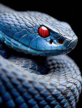 Blue snake with striking red eyes coiled against a dark background photo