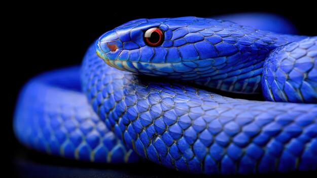 Bright blue snake resting on a smooth surface in a dark environment photo