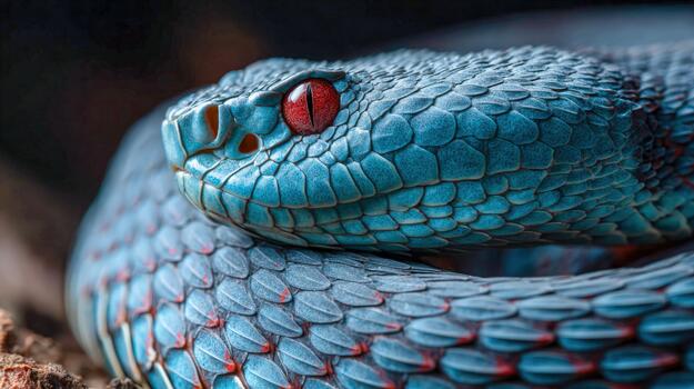 Colorful blue snake resting on textured surface in a natural habitat photo