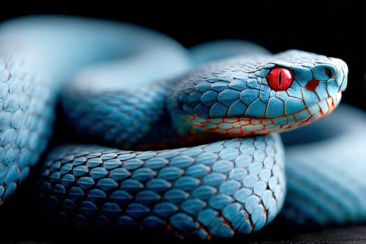 Vivid blue snake with striking red eyes resting on dark surface in studio photo