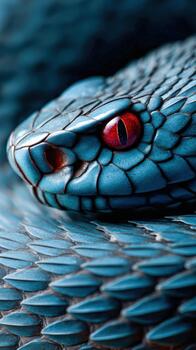 Blue snake with striking red eyes blends into its surroundings in nature photo