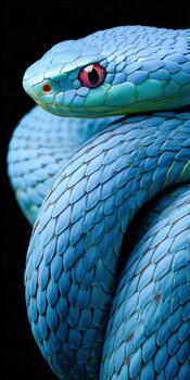 Bright blue snake resting in a curled position against a dark background photo