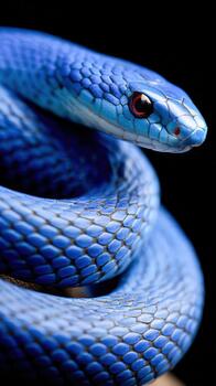 Bright blue snake displaying unique scales and vibrant eyes in natural setting photo