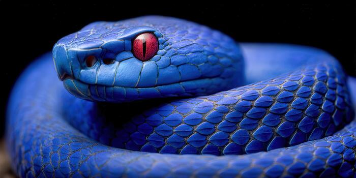 Bright blue snake resting quietly in a lush forest environment at dusk photo