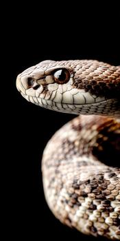 Close-up view of a brown snake with scaled skin on a dark background photo