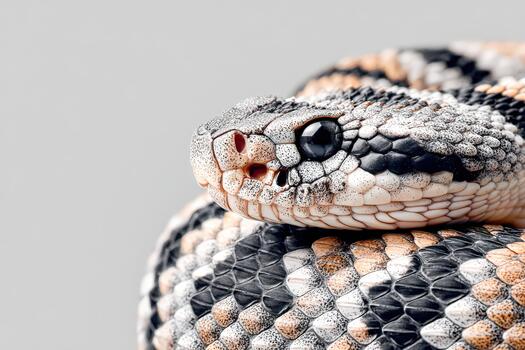 Close-up view of a patterned snake resting on a smooth surface in natural light photo