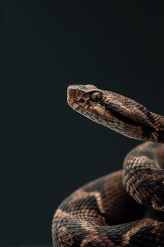 Close up of a brown and black snake resting in a dark environment photo
