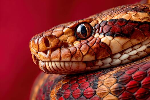 Brightly colored snake rests on a red background in a close-up view photo