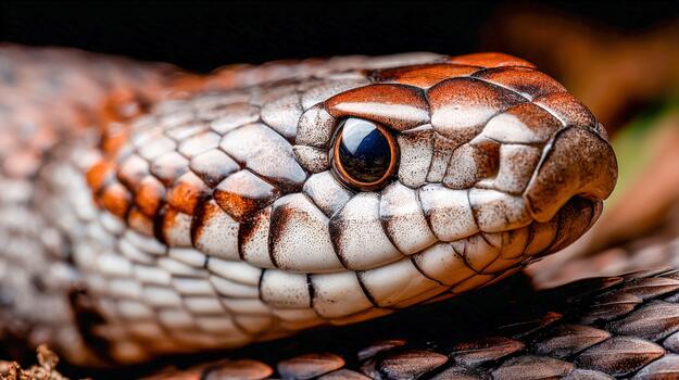 Close-up view of a colorful snake resting on a surface in a natural setting photo