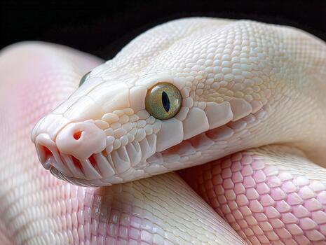 Bright albino python resting on a dark background in a closeup view photo