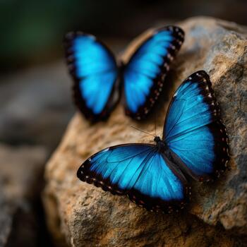 brillante azul mariposas descansando en un rock en un natural ajuste foto
