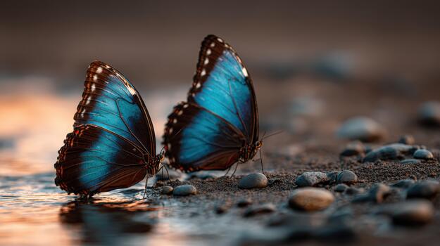 vistoso mariposas descansando cerca un corriente rodeado por guijarros a puesta de sol foto