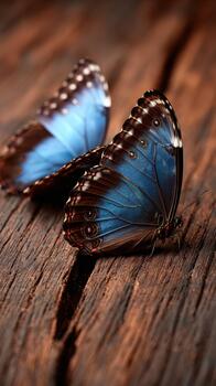 Blue butterflies resting on rustic wooden surface in natural setting photo