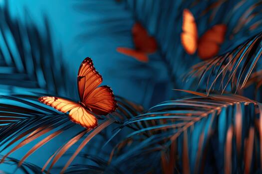 Colorful butterflies resting on tropical palm leaves in a vibrant setting photo