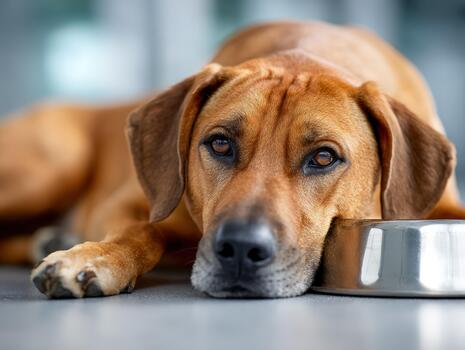 Dog resting beside empty food bowl in modern indoor setting photo