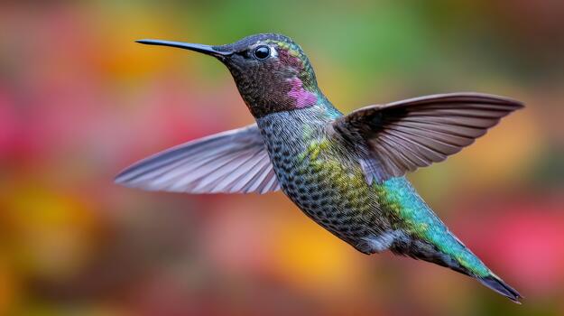 Colorful hummingbird hovering in a vibrant garden with blurred backgrounds photo