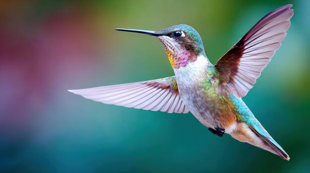 Colorful hummingbird hovering with vibrant wings in a lush garden photo