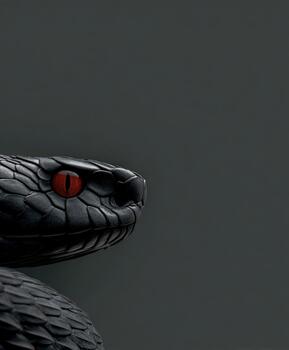 Black snake with striking red eyes resting against a dark backdrop photo