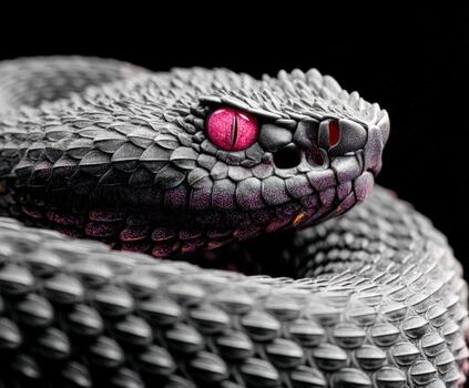 Unique black snake with vibrant pink eyes resting in a coiled position photo