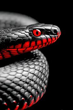 Black snake with striking red patterns resting on a dark surface photo