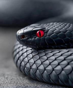 Black snake with striking red eyes resting on gray surface during daylight photo