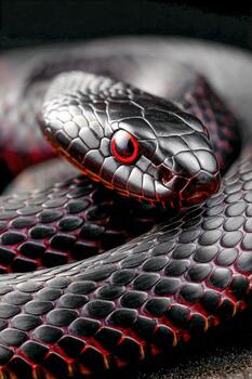 Black snake with red accents resting on the ground in a close-up setting photo