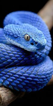 Close-up view of a vibrant blue snake resting on a branch photo