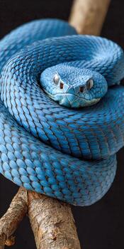 Colorful blue snake resting on a branch in a tranquil setting photo