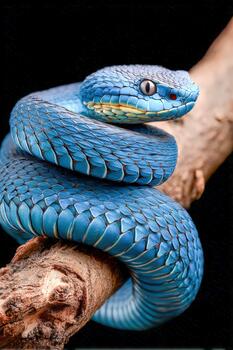 Vibrant blue snake resting on a branch in a natural setting photo