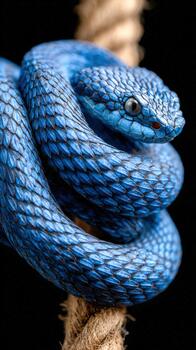 Bright blue snake coiled on a rope, showcasing its vibrant scales and texture photo