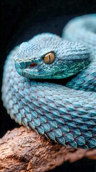 Bright turquoise snake resting on a branch in a dark setting photo