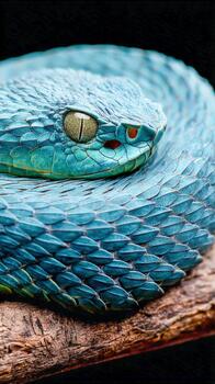 Blue snake resting on a branch in a natural habitat during daylight photo