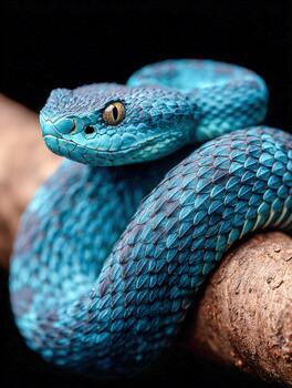 Blue snake resting on a branch in a lush forest environment during the day photo