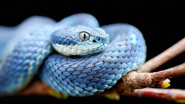 brillante azul serpiente descansando en un rama en un oscuro ambiente durante tiempo de día foto