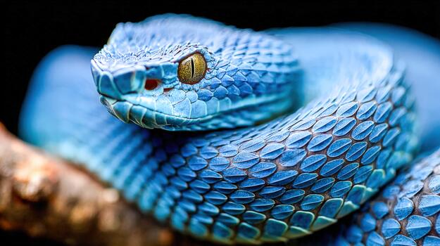 Emerald tree boa resting on a branch with vibrant blue scales photo