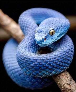 Blue snake resting on a branch in a dark setting, showcasing vibrant colors photo
