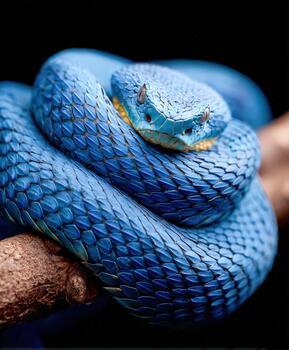 Bright blue snake resting on a branch in its natural habitat photo