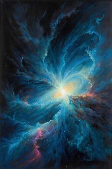 Vivid cosmic swirl with bright center in deep blue and black space photo