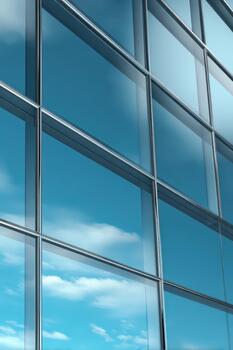 Modern glass architecture reflects blue sky and clouds in urban setting photo