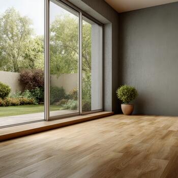 Modern architecture showcases open space with large windows and wooden flooring photo