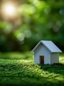 Miniature house on green grass in natural sunlight with blurred background photo