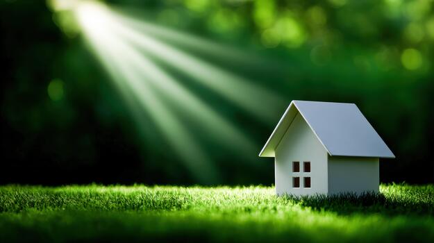 Charming white house model on green grass with sunlight filtering through trees photo
