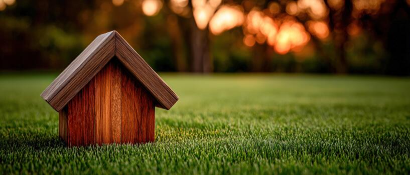 Beautiful wooden house model on grass at sunset in a serene setting photo