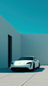 Modern architecture with a sleek electric car in an outdoor setting photo