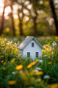 Miniature house surrounded by wildflowers in a sunlit forest setting photo