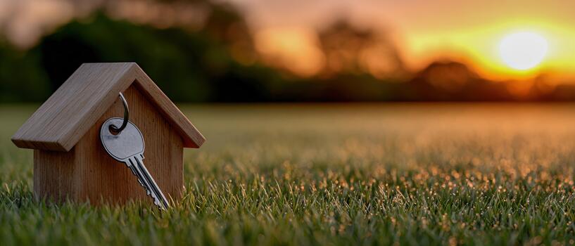 Wooden house model with a key at sunset in a grassy field photo