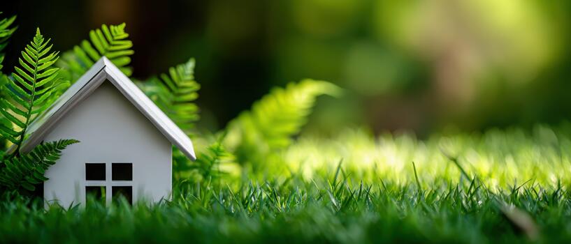 Miniature house surrounded by ferns on lush green grass photo