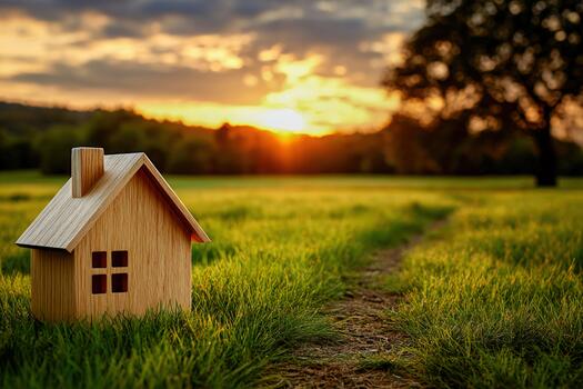 Sunset view with wooden house model on grassy field near a pathway photo