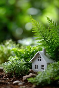 Miniature house surrounded by lush greenery in a tranquil garden setting photo