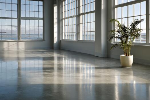 Open space with large windows showcasing natural light and a view photo